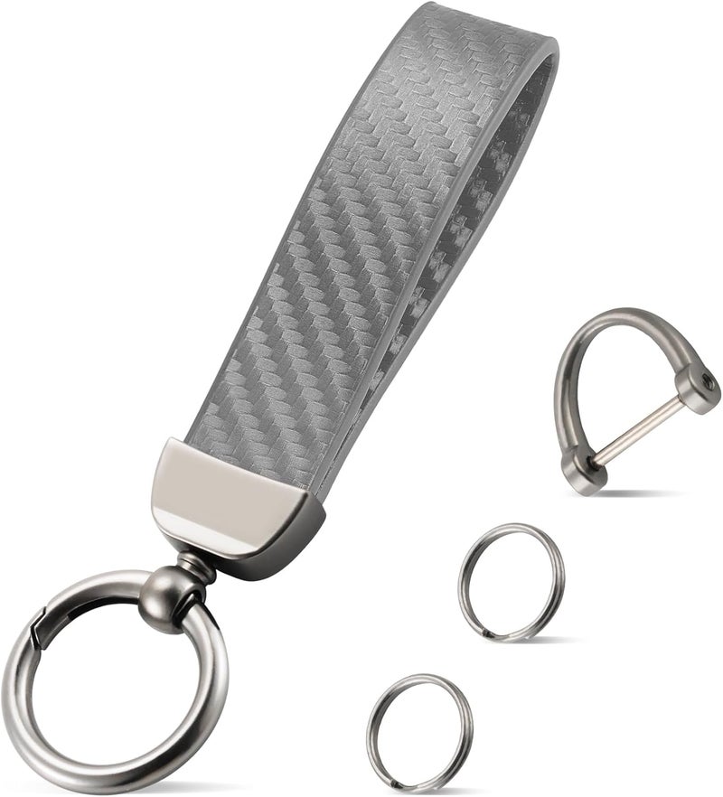 JUSTTOP Leather Keychain, Carbon Fiber Car Key Chain with Anti-Lost D-Ring and 2 Key Ring, Keychain Wristlet, Car Accessories, Universal Keychain for Men and Women (Grey) - Image 1